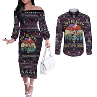 Santa Claus On Mountain Bike Couples Matching Off The Shoulder Long Sleeve Dress and Long Sleeve Button Shirt Christmas Gifts