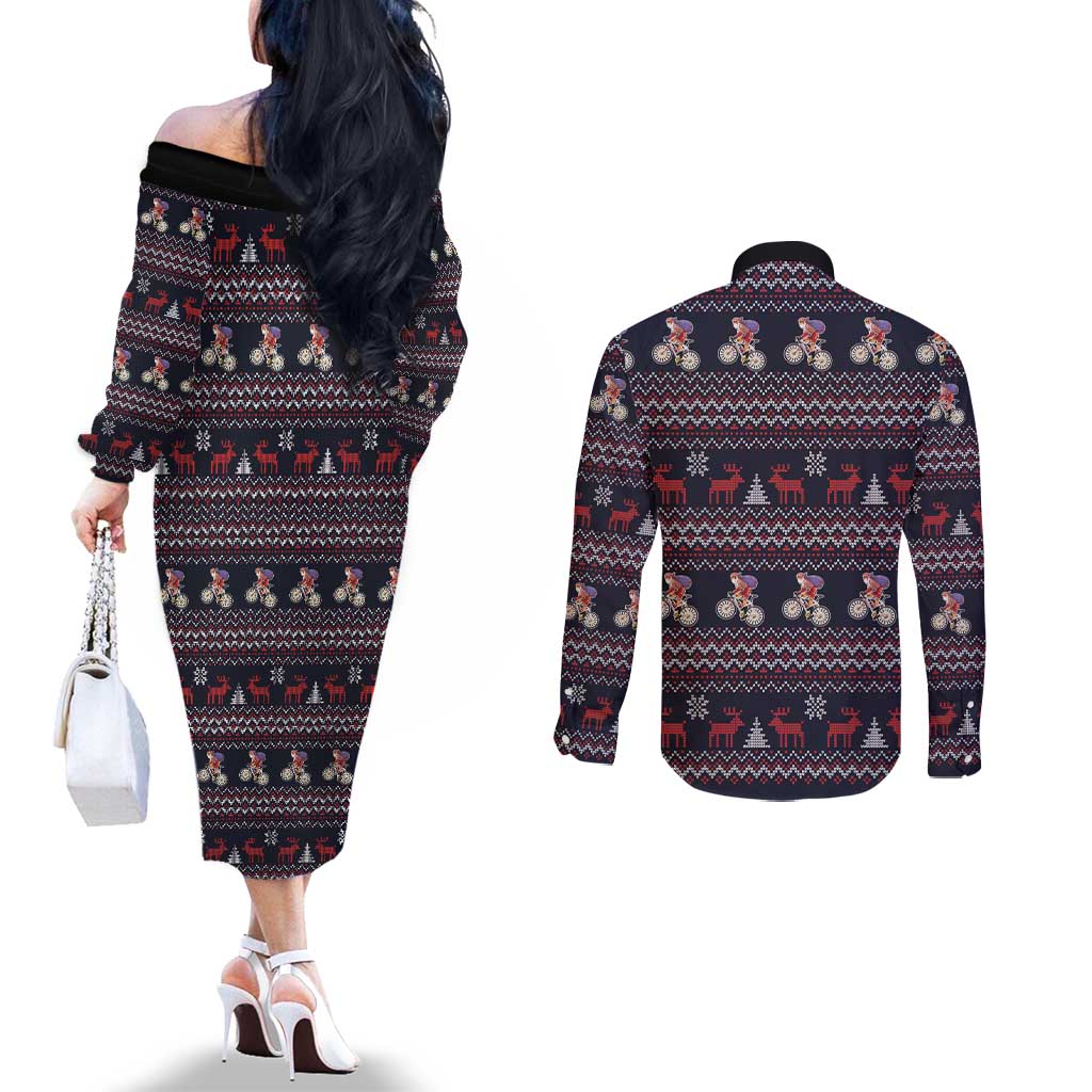 Santa Claus On Mountain Bike Couples Matching Off The Shoulder Long Sleeve Dress and Long Sleeve Button Shirt Christmas Gifts