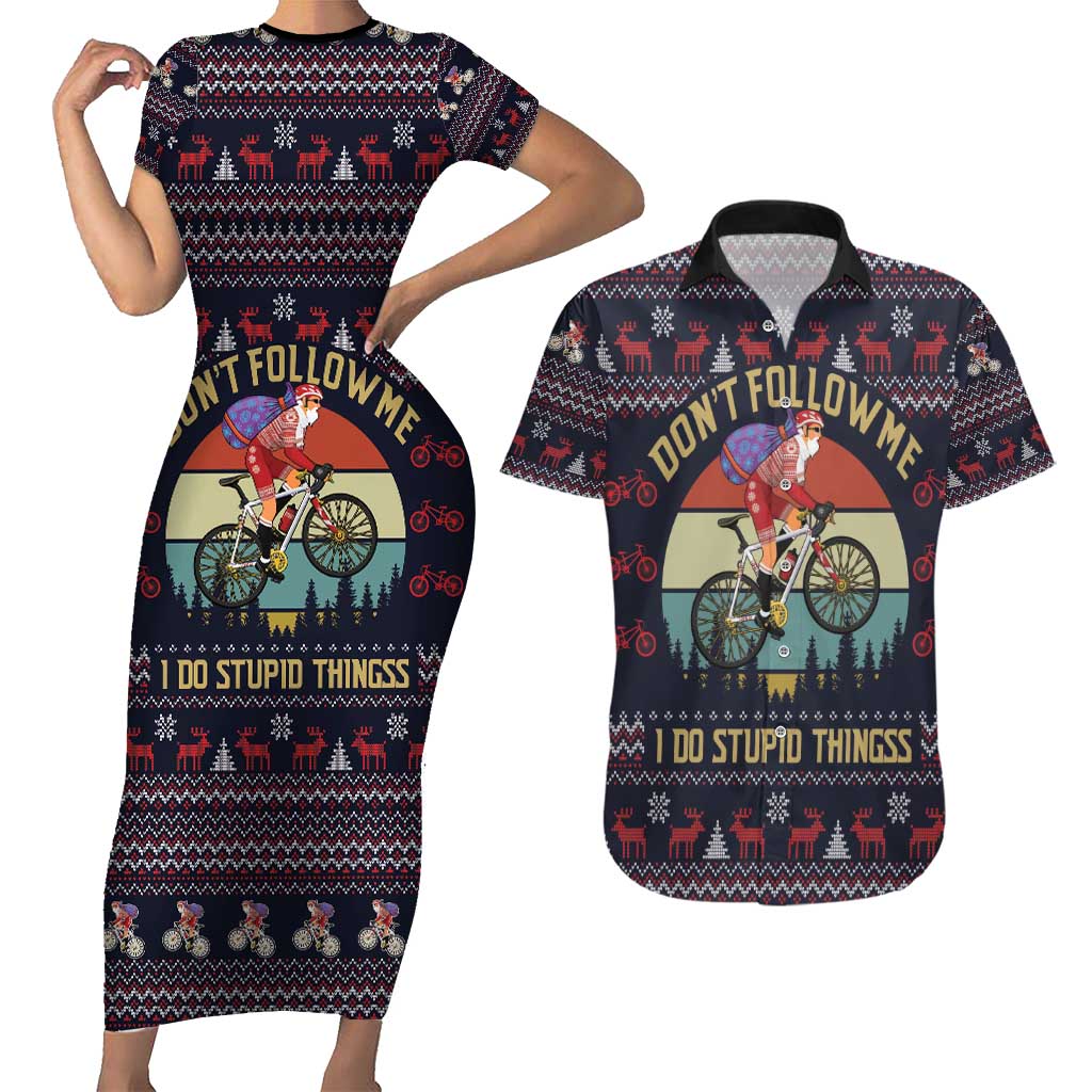 Santa Claus On Mountain Bike Couples Matching Short Sleeve Bodycon Dress and Hawaiian Shirt Christmas Gifts DT04 - Wonder Print Shop