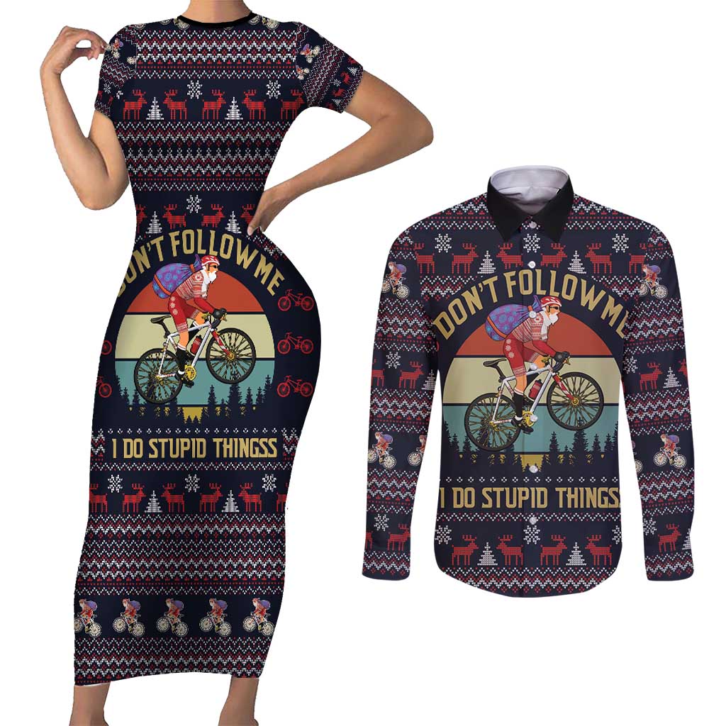 Santa Claus On Mountain Bike Couples Matching Short Sleeve Bodycon Dress and Long Sleeve Button Shirt Christmas Gifts DT04 - Wonder Print Shop