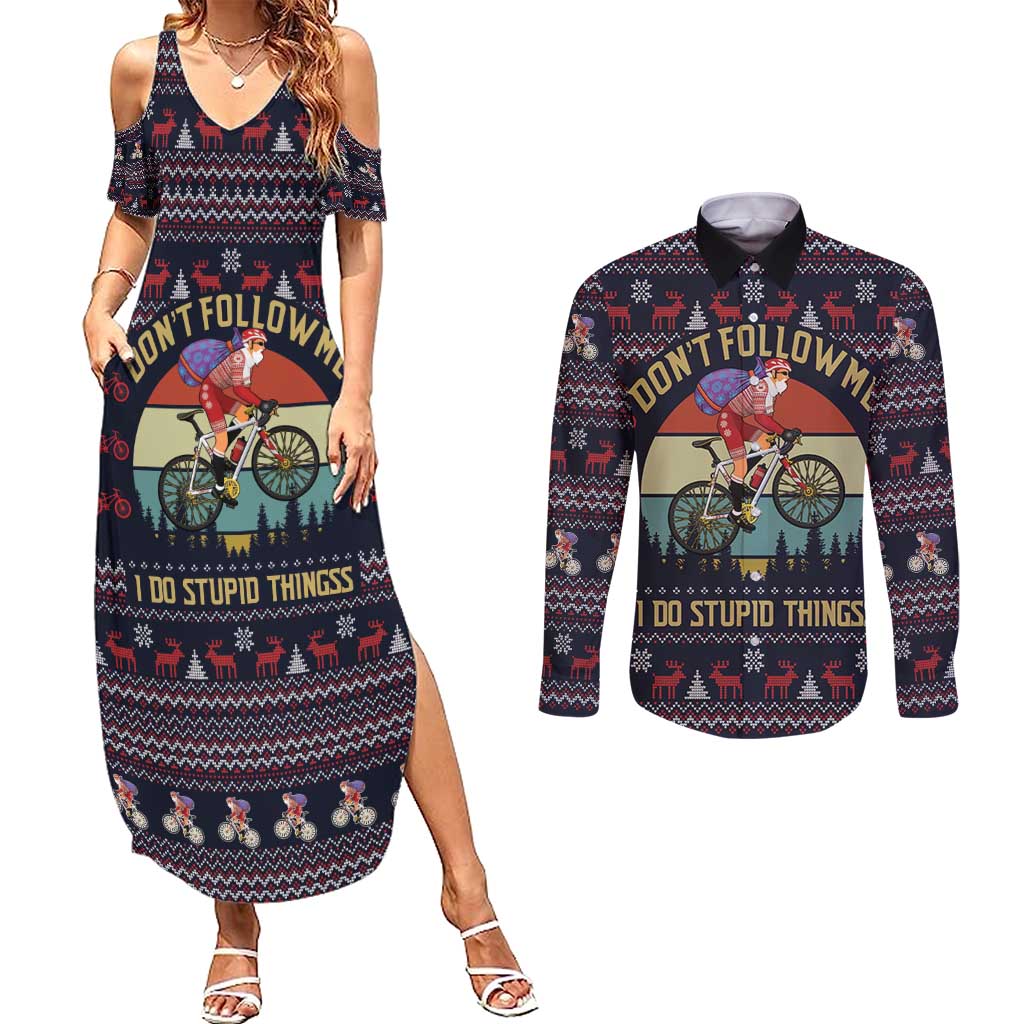 Santa Claus On Mountain Bike Couples Matching Summer Maxi Dress and Long Sleeve Button Shirt Christmas Gifts DT04 - Wonder Print Shop