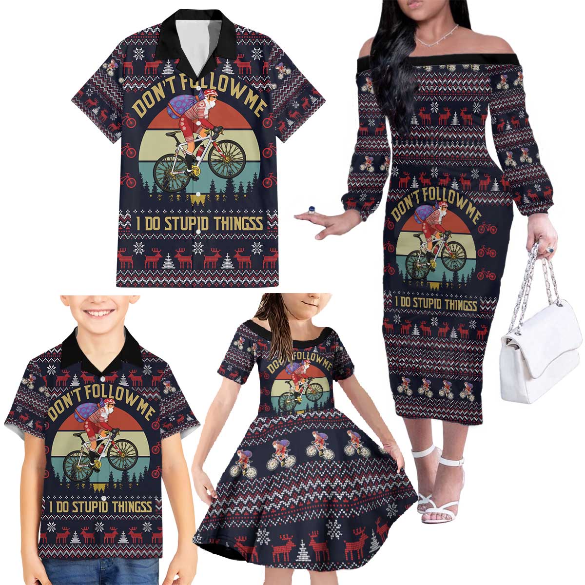 Santa Claus On Mountain Bike Family Matching Off The Shoulder Long Sleeve Dress and Hawaiian Shirt Christmas Gifts DT04 - Wonder Print Shop
