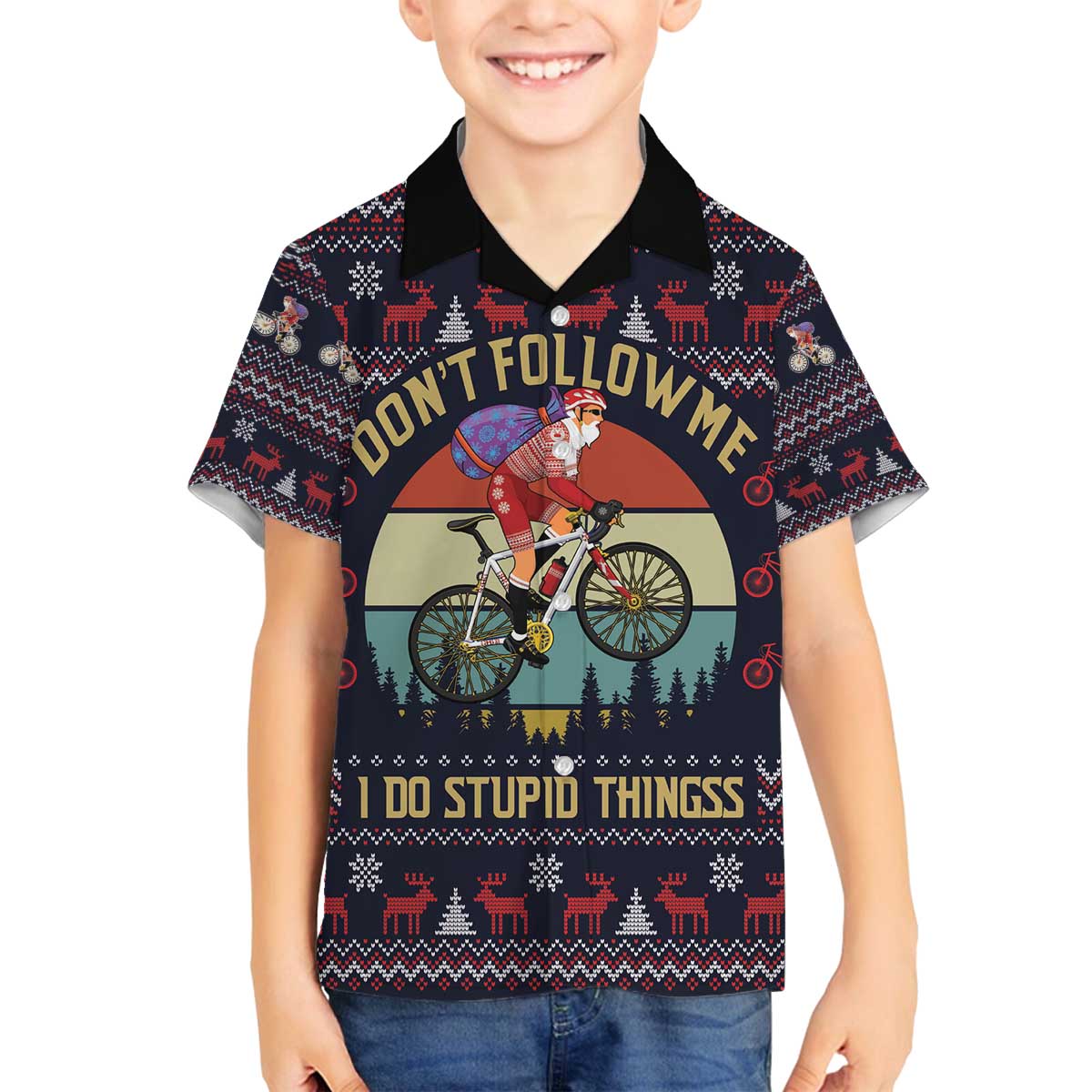 Santa Claus On Mountain Bike Family Matching Off The Shoulder Long Sleeve Dress and Hawaiian Shirt Christmas Gifts DT04 - Wonder Print Shop