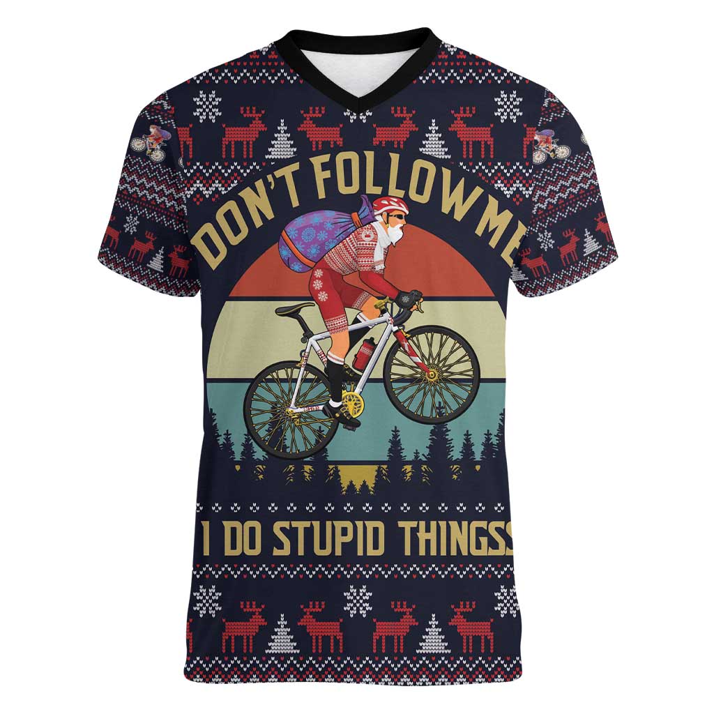 Santa Claus On Mountain Bike Women V-Neck T-Shirt Christmas Gifts DT04 - Wonder Print Shop