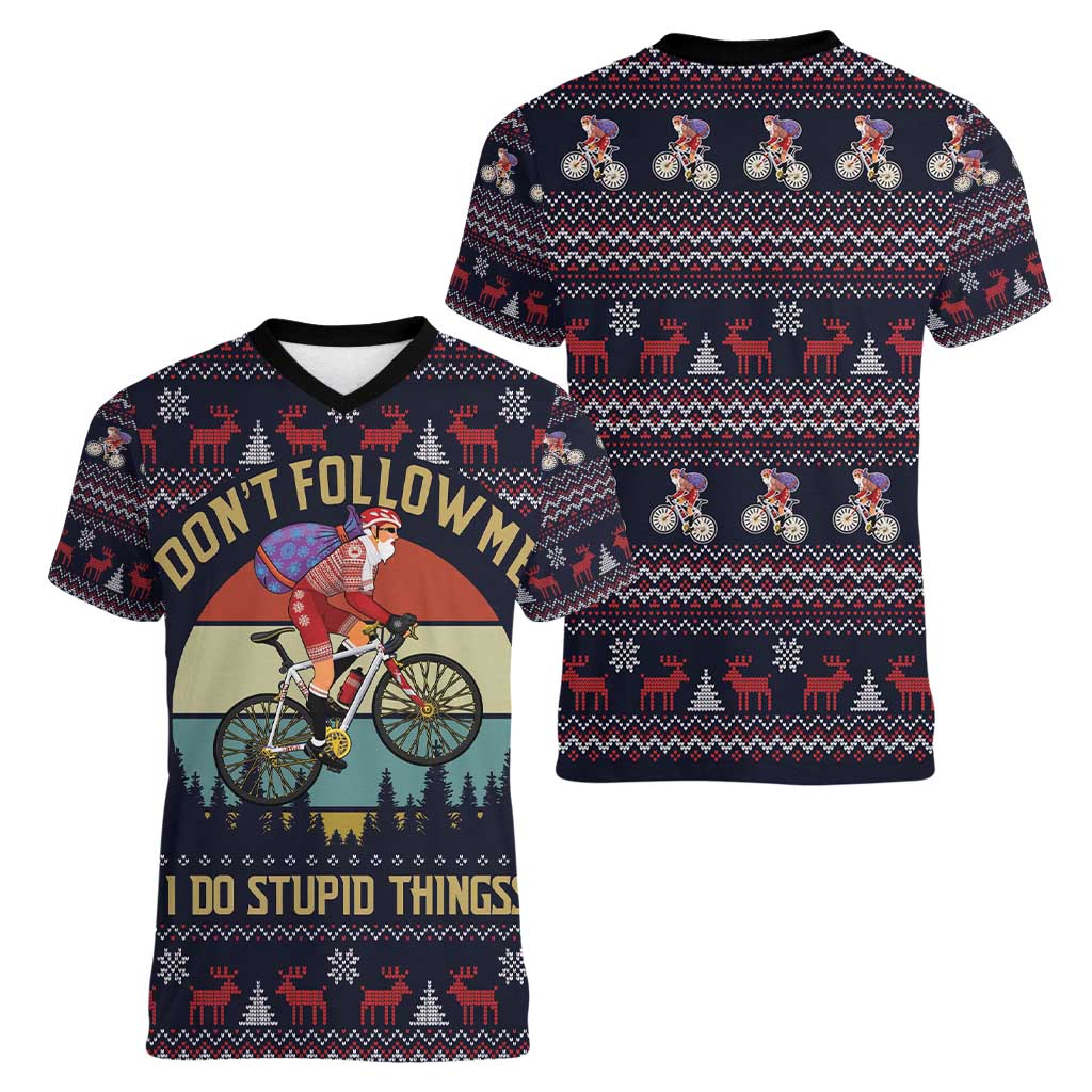Santa Claus On Mountain Bike Women V-Neck T-Shirt Christmas Gifts DT04 - Wonder Print Shop