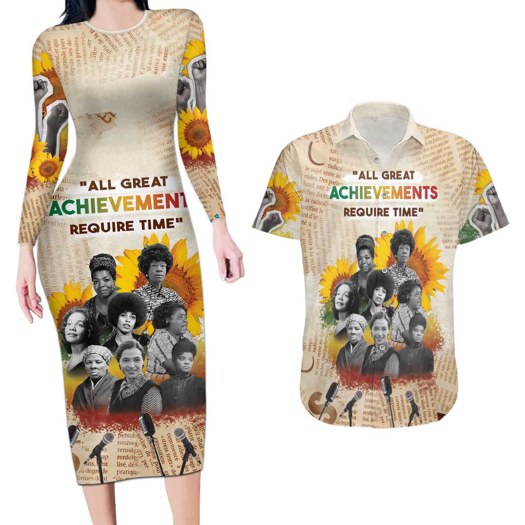 African Couples Matching Long Sleeve Bodycon Dress and Hawaiian Shirt Civil Rights Female Leaders Sunflower