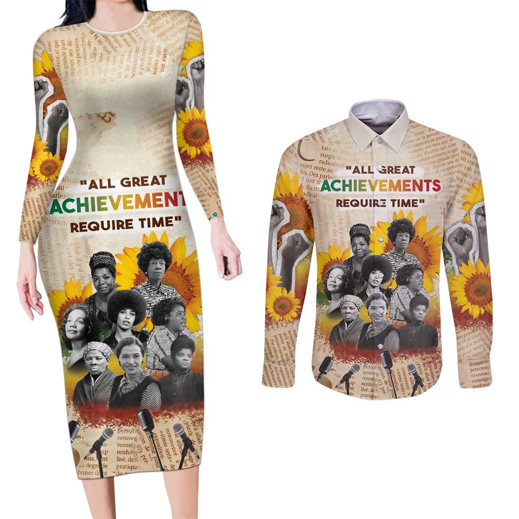 African Couples Matching Long Sleeve Bodycon Dress and Long Sleeve Button Shirt Civil Rights Female Leaders Sunflower