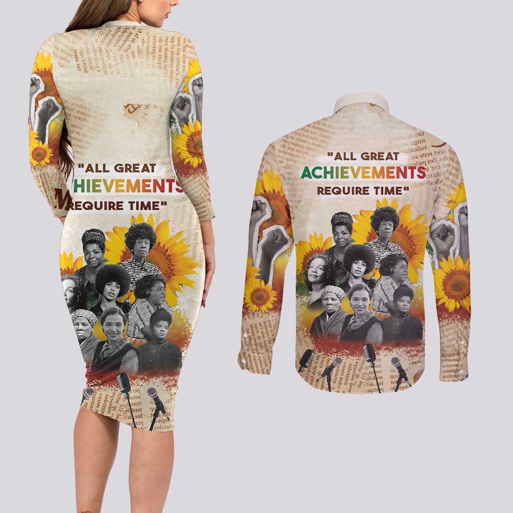 African Couples Matching Long Sleeve Bodycon Dress and Long Sleeve Button Shirt Civil Rights Female Leaders Sunflower