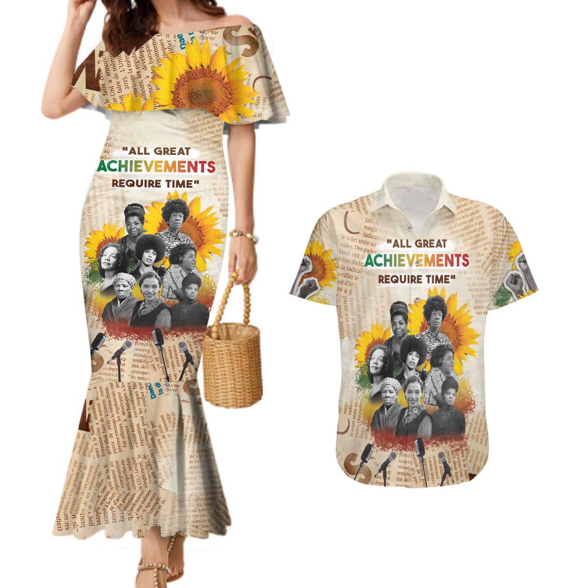 African Couples Matching Mermaid Dress and Hawaiian Shirt Civil Rights Female Leaders Sunflower