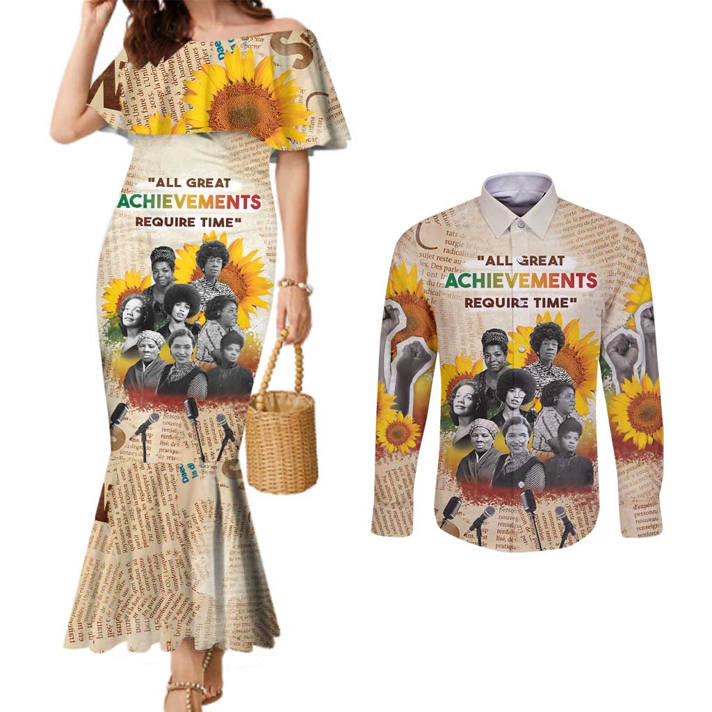African Couples Matching Mermaid Dress and Long Sleeve Button Shirt Civil Rights Female Leaders Sunflower