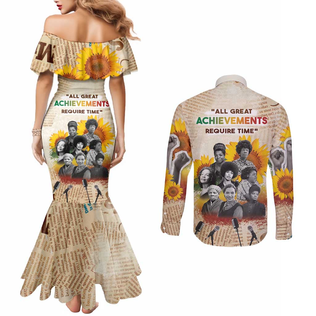 African Couples Matching Mermaid Dress and Long Sleeve Button Shirt Civil Rights Female Leaders Sunflower