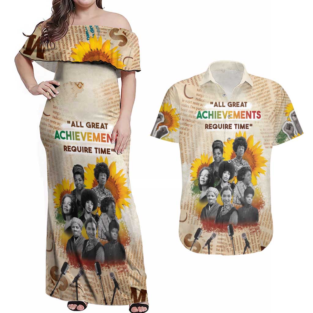 African Couples Matching Off Shoulder Maxi Dress and Hawaiian Shirt Civil Rights Female Leaders Sunflower