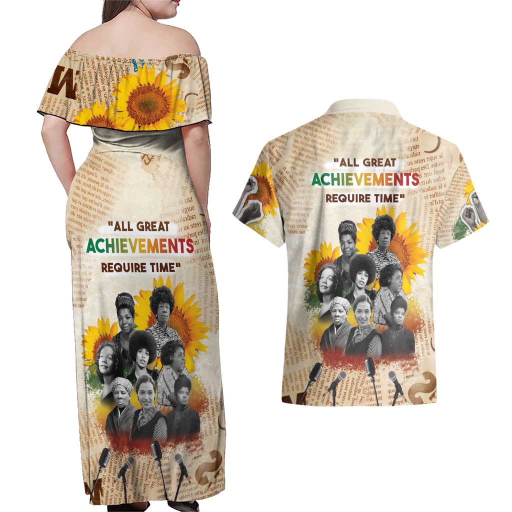 African Couples Matching Off Shoulder Maxi Dress and Hawaiian Shirt Civil Rights Female Leaders Sunflower