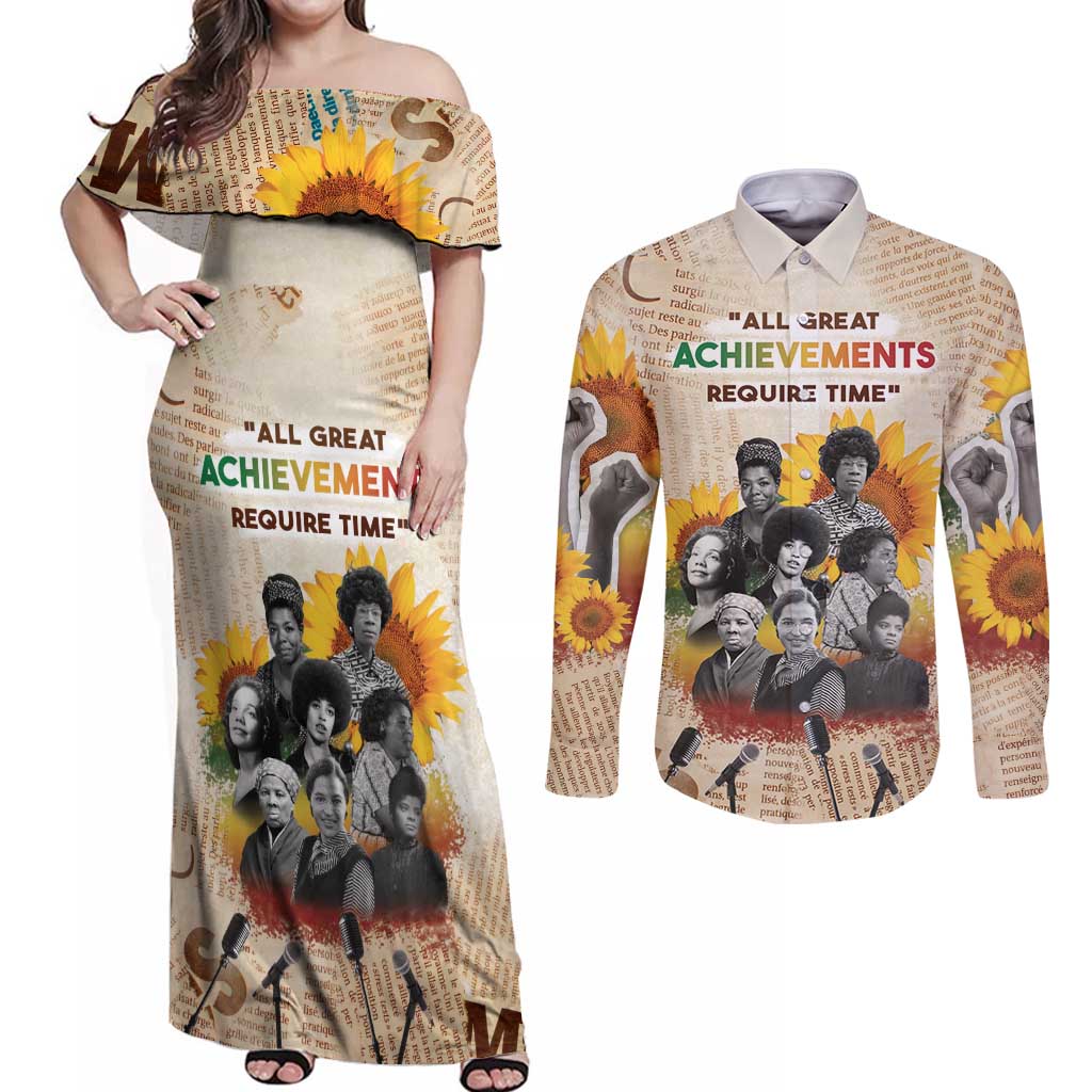 African Couples Matching Off Shoulder Maxi Dress and Long Sleeve Button Shirt Civil Rights Female Leaders Sunflower
