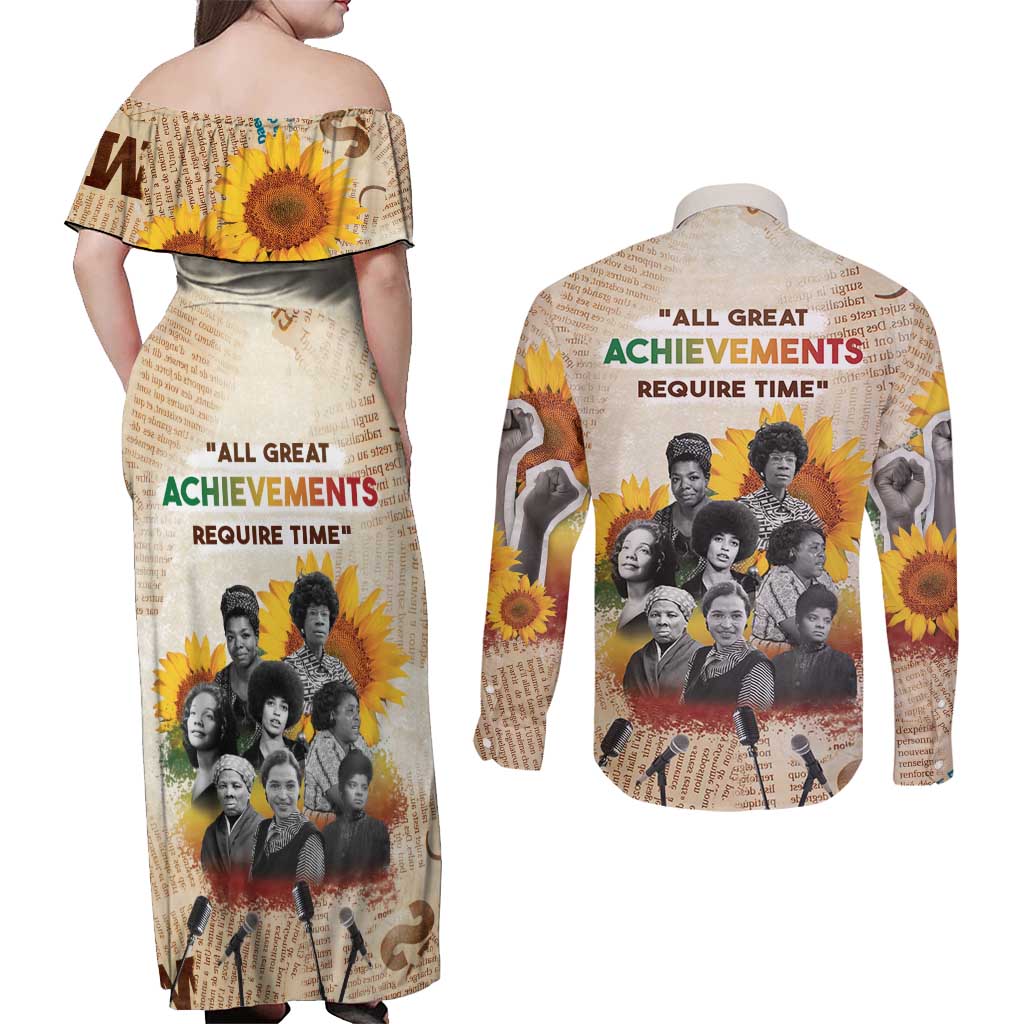 African Couples Matching Off Shoulder Maxi Dress and Long Sleeve Button Shirt Civil Rights Female Leaders Sunflower