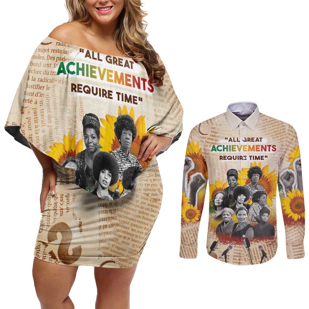 African Couples Matching Off Shoulder Short Dress and Long Sleeve Button Shirt Civil Rights Female Leaders Sunflower
