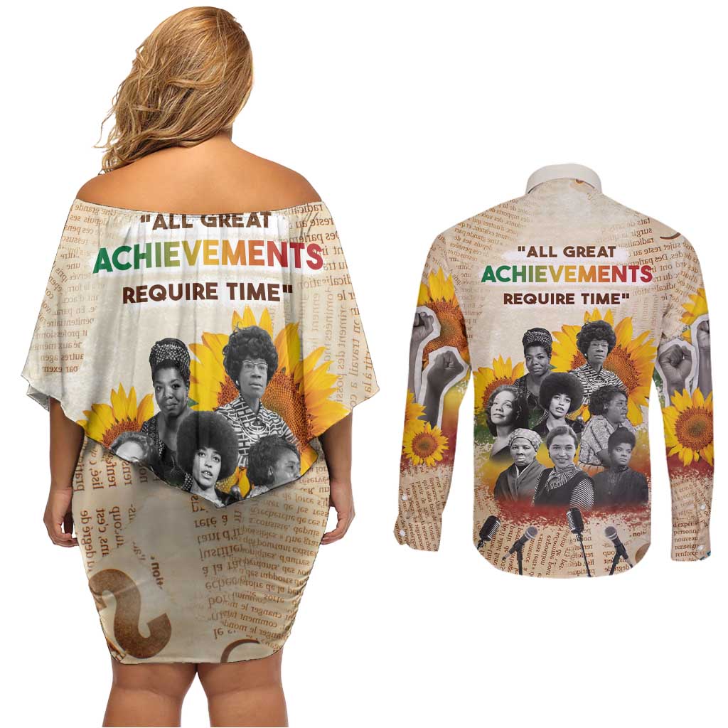 African Couples Matching Off Shoulder Short Dress and Long Sleeve Button Shirt Civil Rights Female Leaders Sunflower