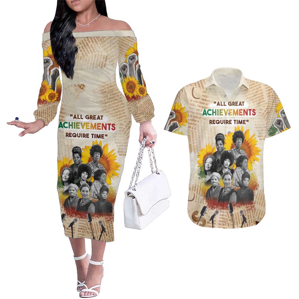 African Couples Matching Off The Shoulder Long Sleeve Dress and Hawaiian Shirt Civil Rights Female Leaders Sunflower