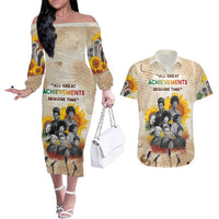 African Couples Matching Off The Shoulder Long Sleeve Dress and Hawaiian Shirt Civil Rights Female Leaders Sunflower