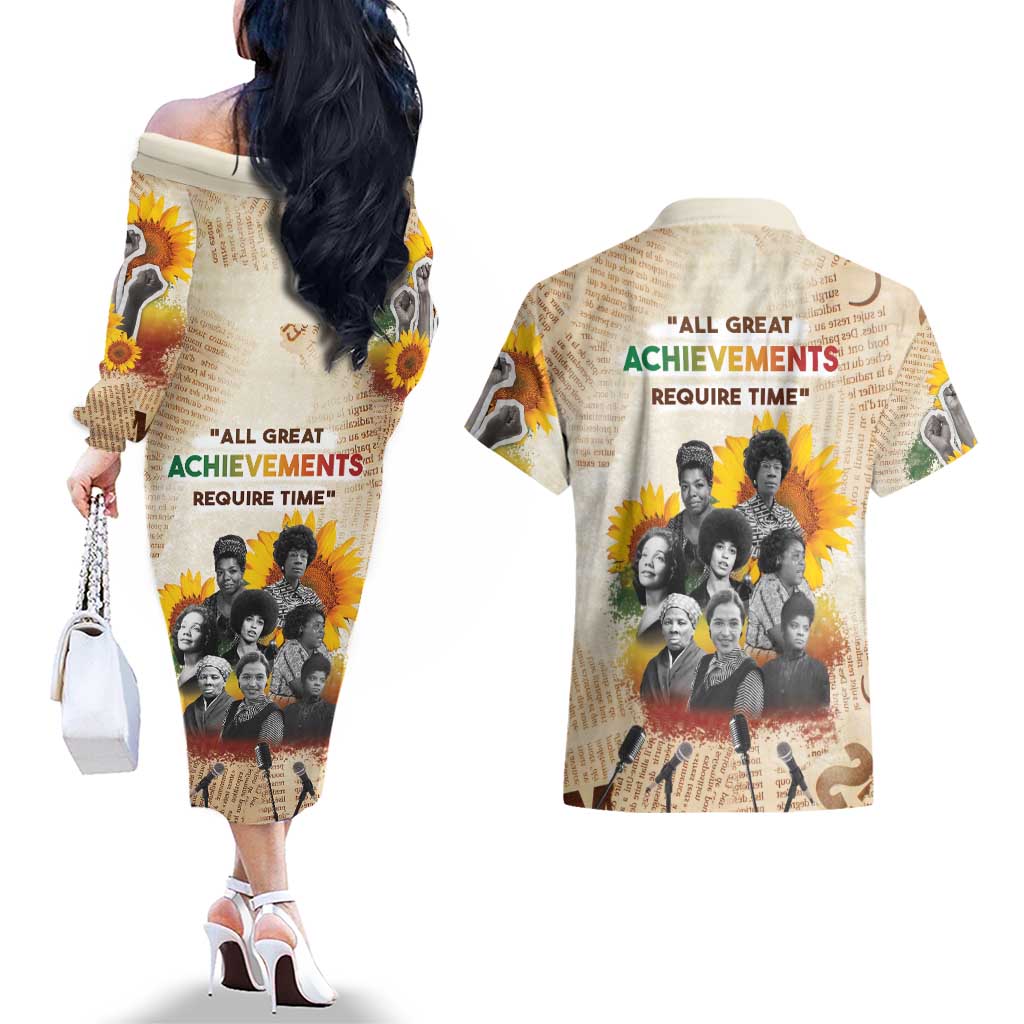 African Couples Matching Off The Shoulder Long Sleeve Dress and Hawaiian Shirt Civil Rights Female Leaders Sunflower