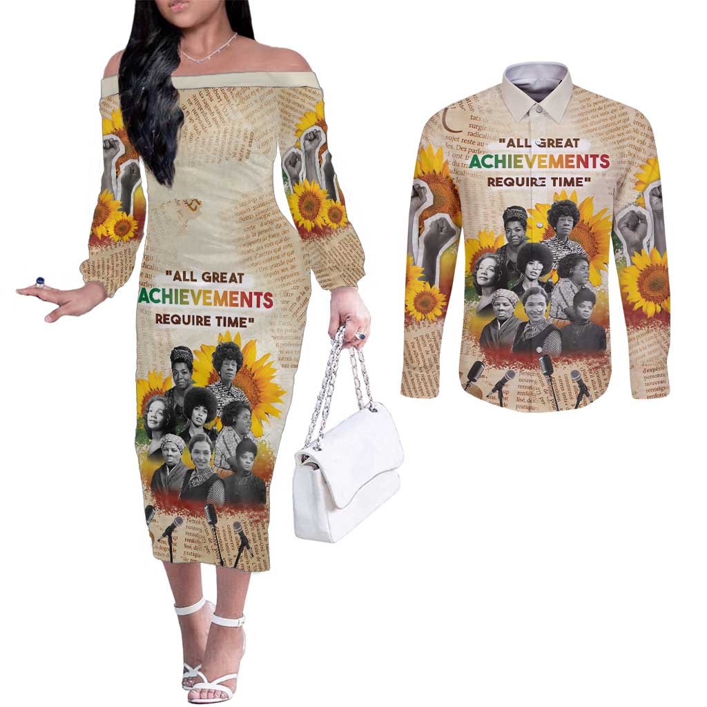 African Couples Matching Off The Shoulder Long Sleeve Dress and Long Sleeve Button Shirt Civil Rights Female Leaders Sunflower