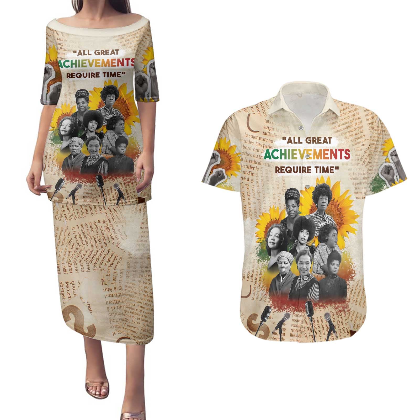 African Couples Matching Puletasi and Hawaiian Shirt Civil Rights Female Leaders Sunflower