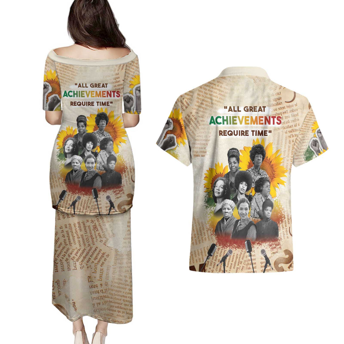 African Couples Matching Puletasi and Hawaiian Shirt Civil Rights Female Leaders Sunflower