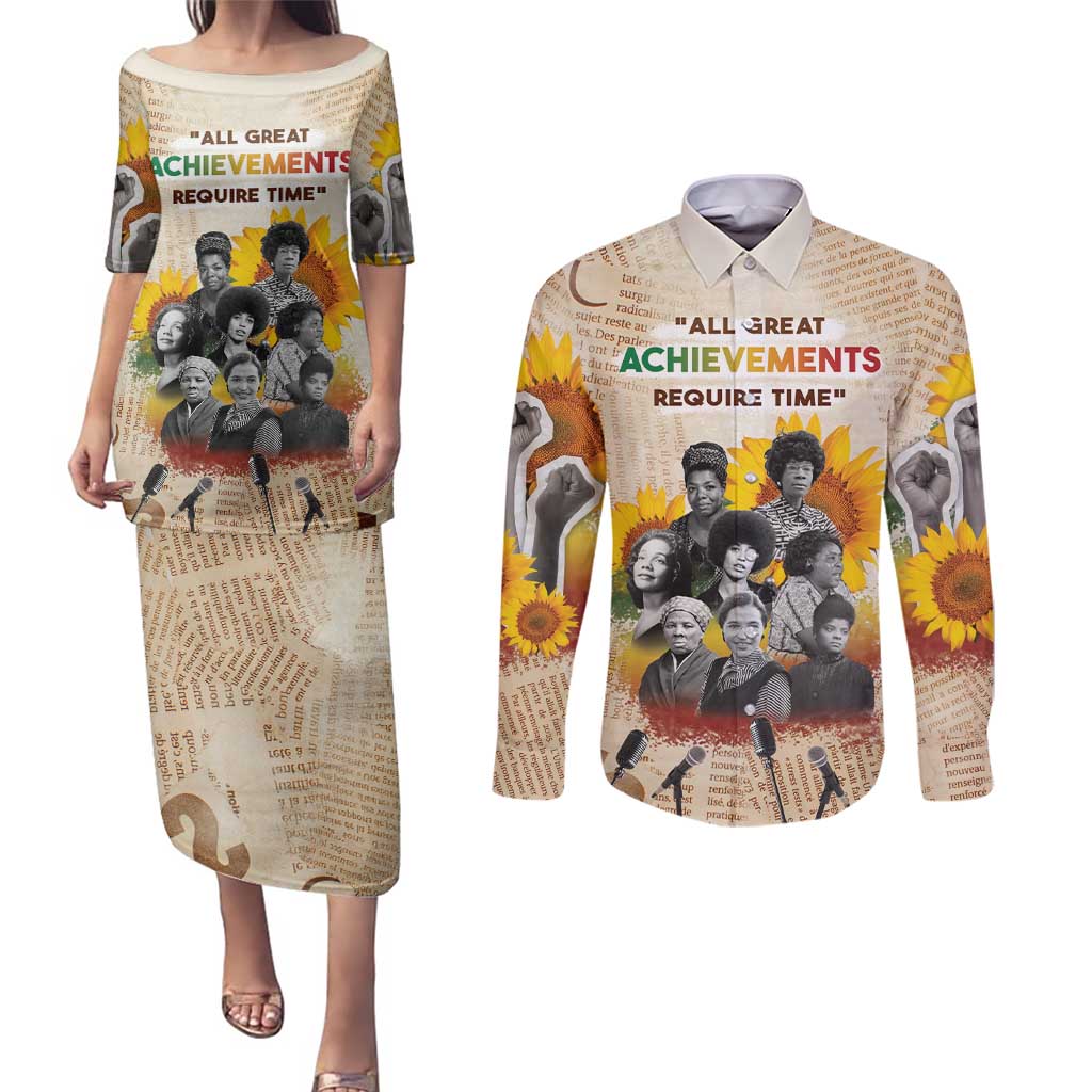 African Couples Matching Puletasi and Long Sleeve Button Shirt Civil Rights Female Leaders Sunflower