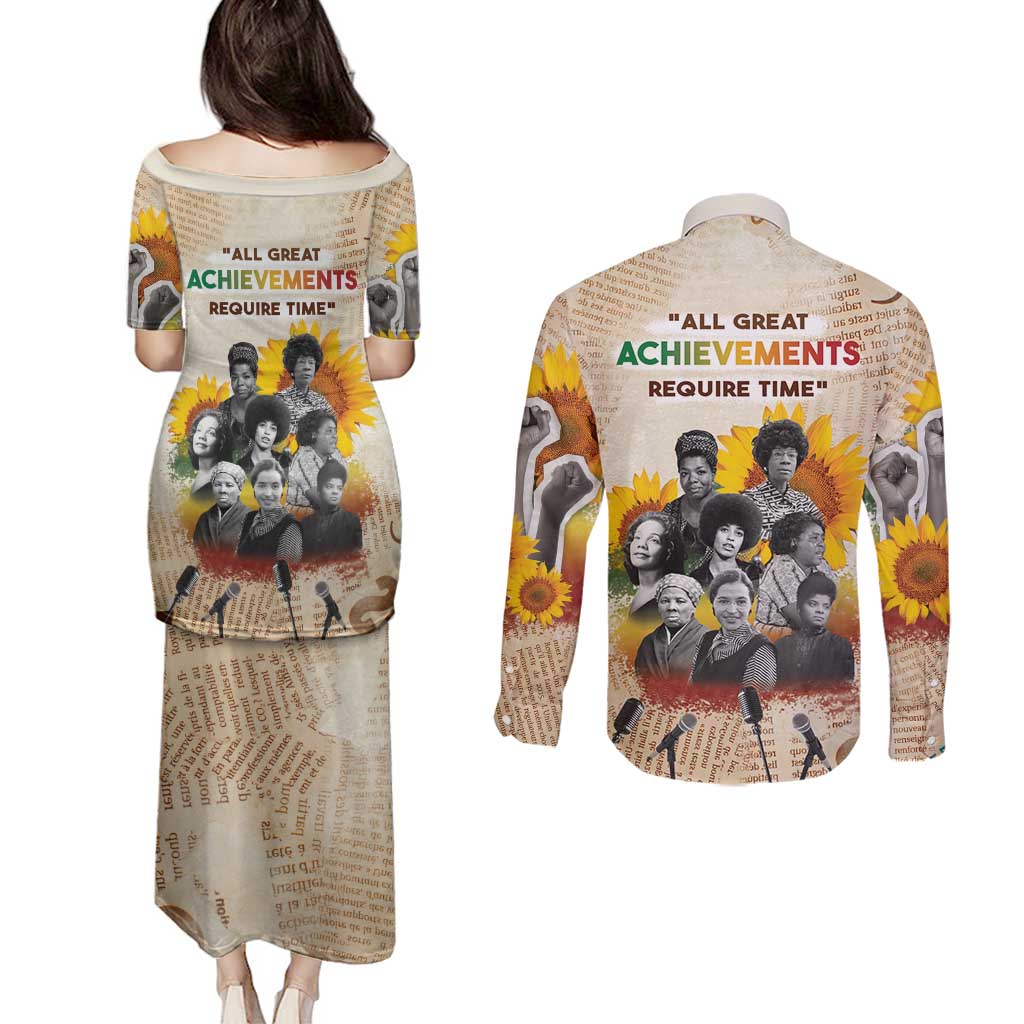 African Couples Matching Puletasi and Long Sleeve Button Shirt Civil Rights Female Leaders Sunflower