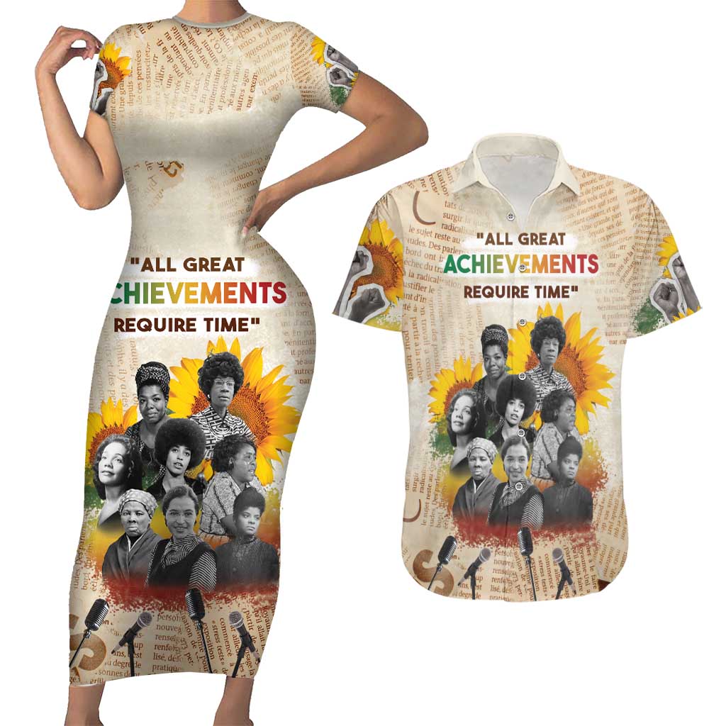 African Couples Matching Short Sleeve Bodycon Dress and Hawaiian Shirt Civil Rights Female Leaders Sunflower