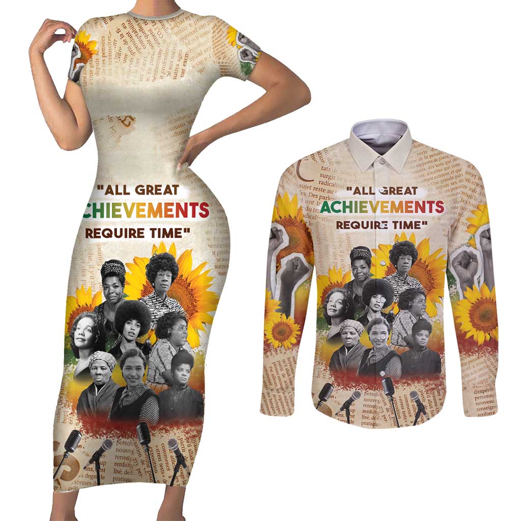 African Couples Matching Short Sleeve Bodycon Dress and Long Sleeve Button Shirt Civil Rights Female Leaders Sunflower