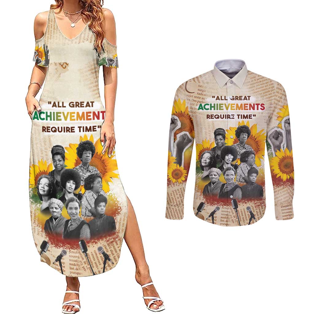African Couples Matching Summer Maxi Dress and Long Sleeve Button Shirt Civil Rights Female Leaders Sunflower