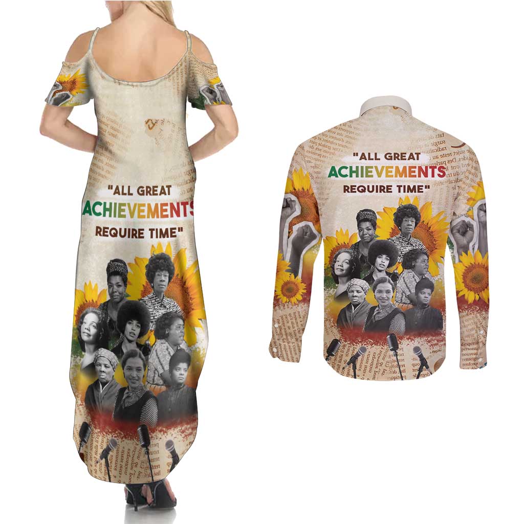African Couples Matching Summer Maxi Dress and Long Sleeve Button Shirt Civil Rights Female Leaders Sunflower