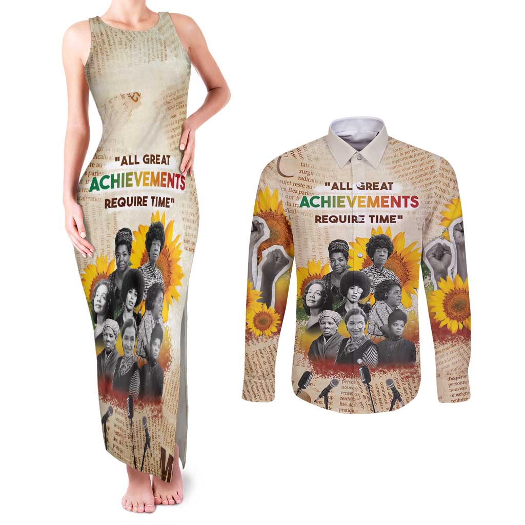 African Couples Matching Tank Maxi Dress and Long Sleeve Button Shirt Civil Rights Female Leaders Sunflower