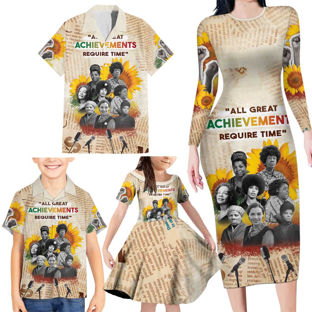 African Family Matching Long Sleeve Bodycon Dress and Hawaiian Shirt Civil Rights Female Leaders Sunflower