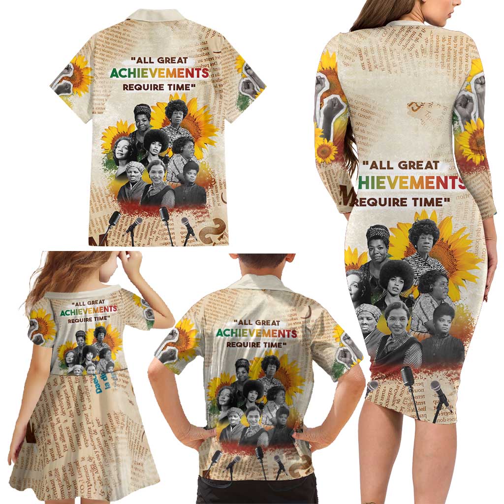 African Family Matching Long Sleeve Bodycon Dress and Hawaiian Shirt Civil Rights Female Leaders Sunflower