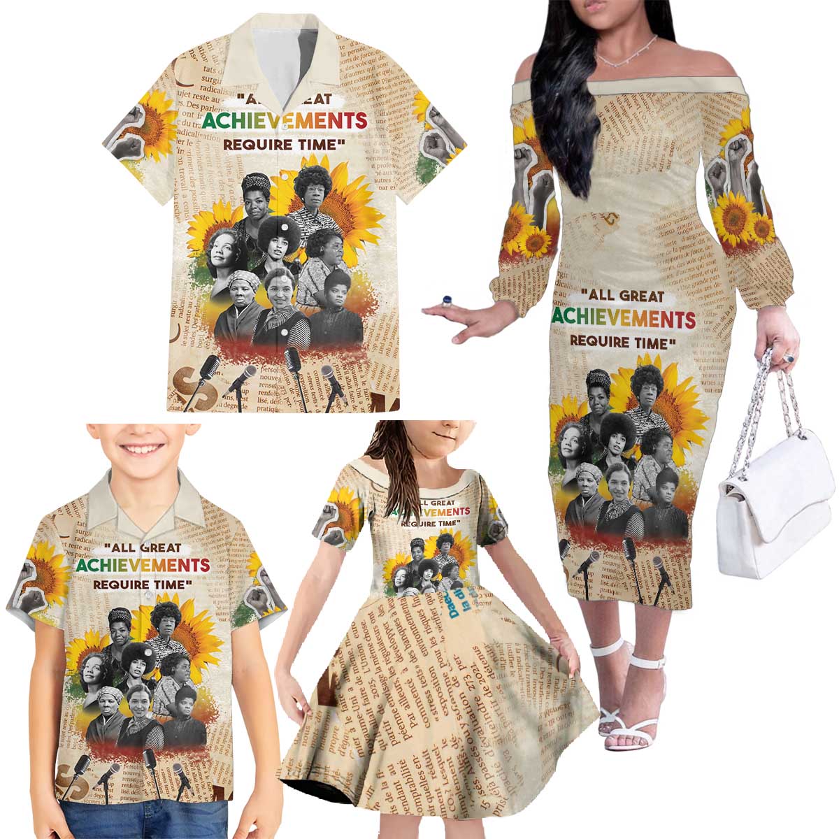 African Family Matching Off The Shoulder Long Sleeve Dress and Hawaiian Shirt Civil Rights Female Leaders Sunflower