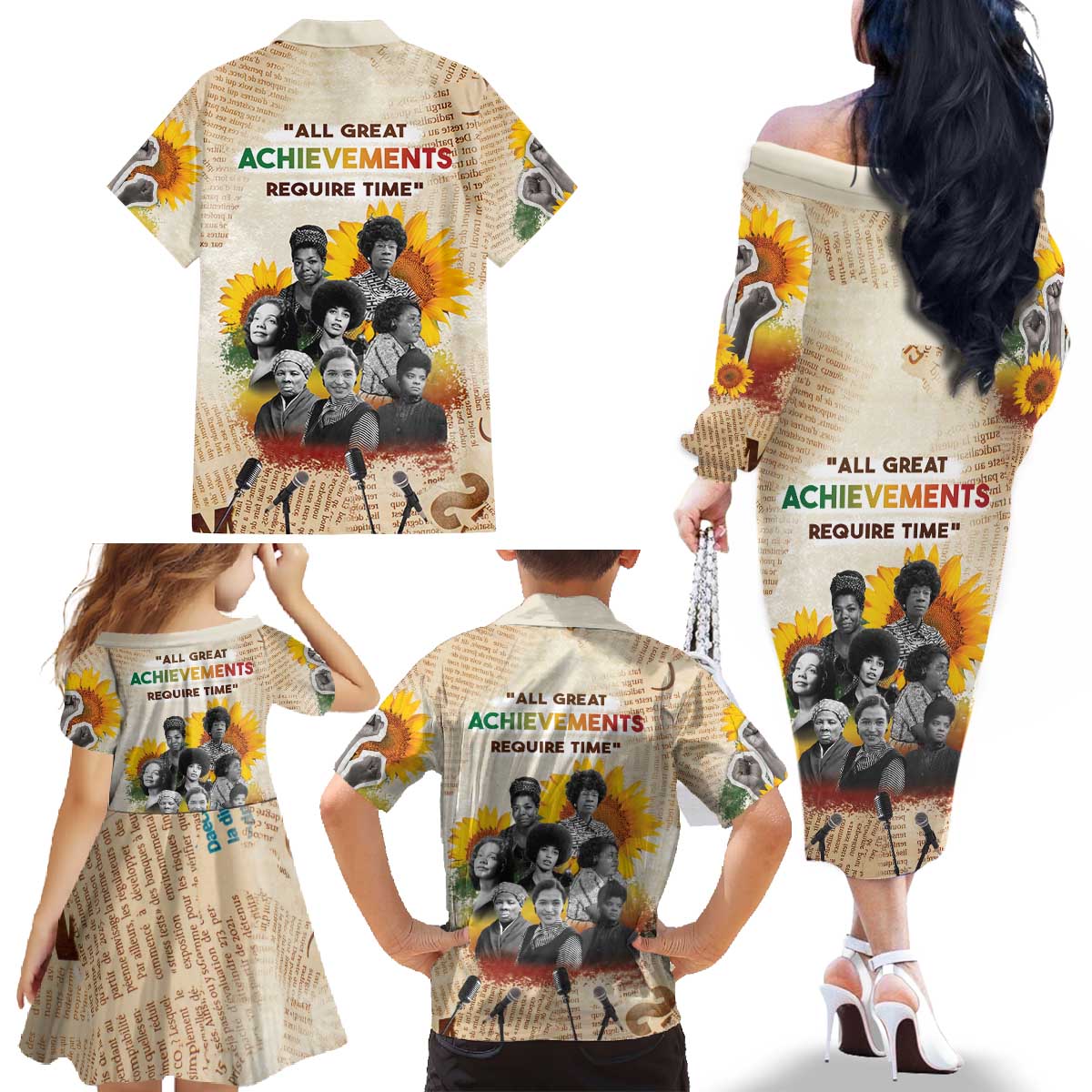 African Family Matching Off The Shoulder Long Sleeve Dress and Hawaiian Shirt Civil Rights Female Leaders Sunflower