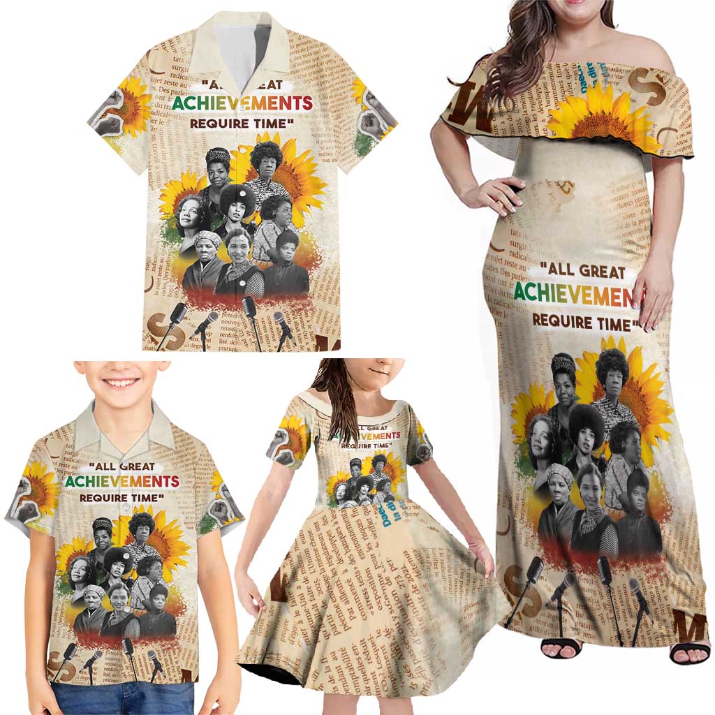 African Family Matching Off Shoulder Maxi Dress and Hawaiian Shirt Civil Rights Female Leaders Sunflower