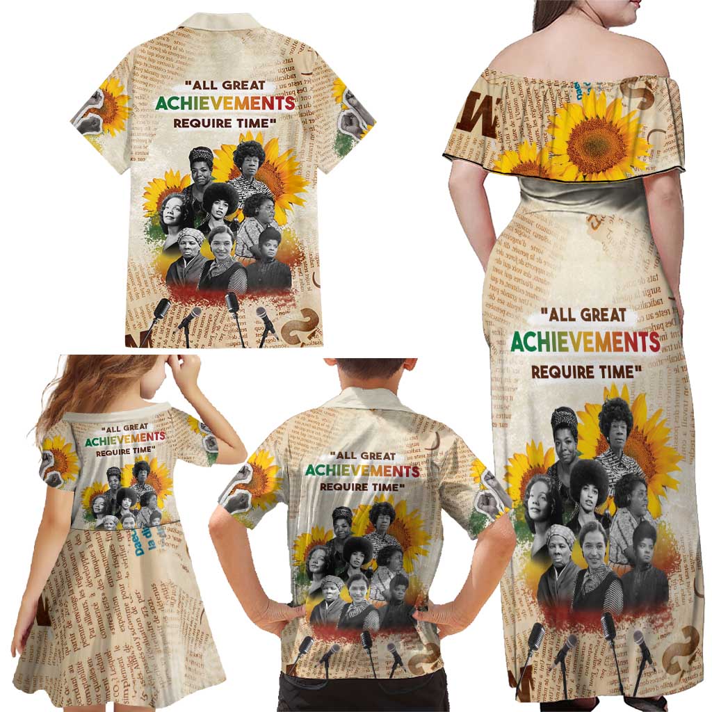 African Family Matching Off Shoulder Maxi Dress and Hawaiian Shirt Civil Rights Female Leaders Sunflower