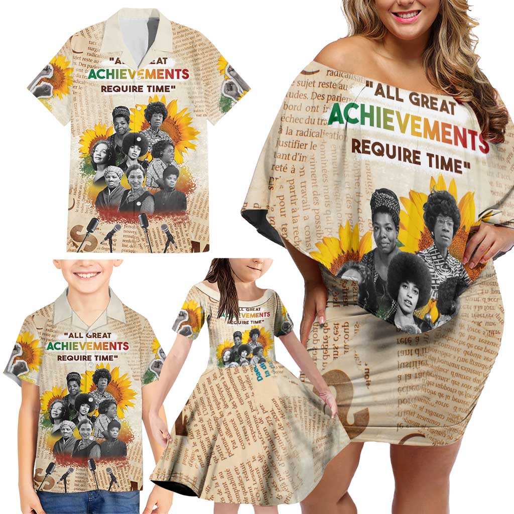 African Family Matching Off Shoulder Short Dress and Hawaiian Shirt Civil Rights Female Leaders Sunflower