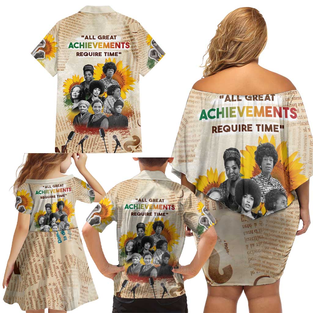 African Family Matching Off Shoulder Short Dress and Hawaiian Shirt Civil Rights Female Leaders Sunflower