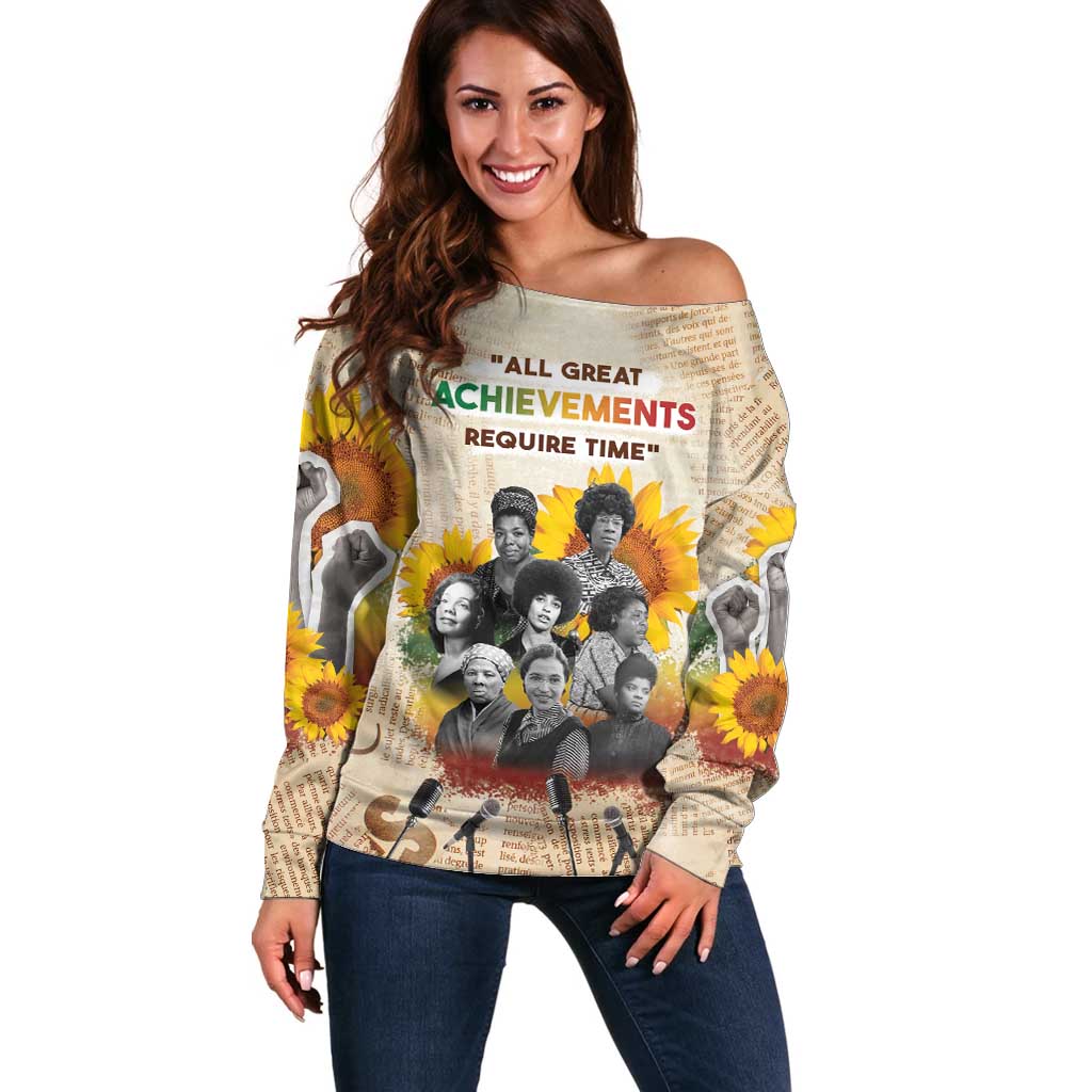 African Off Shoulder Sweater Civil Rights Female Leaders Sunflower