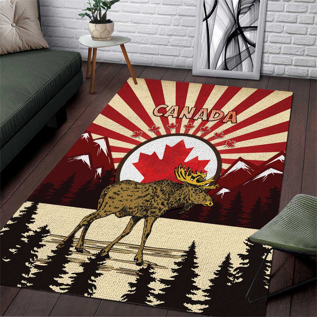 Personalized Canada Maple Leaf Area Rug Moose And Forest Retro Style