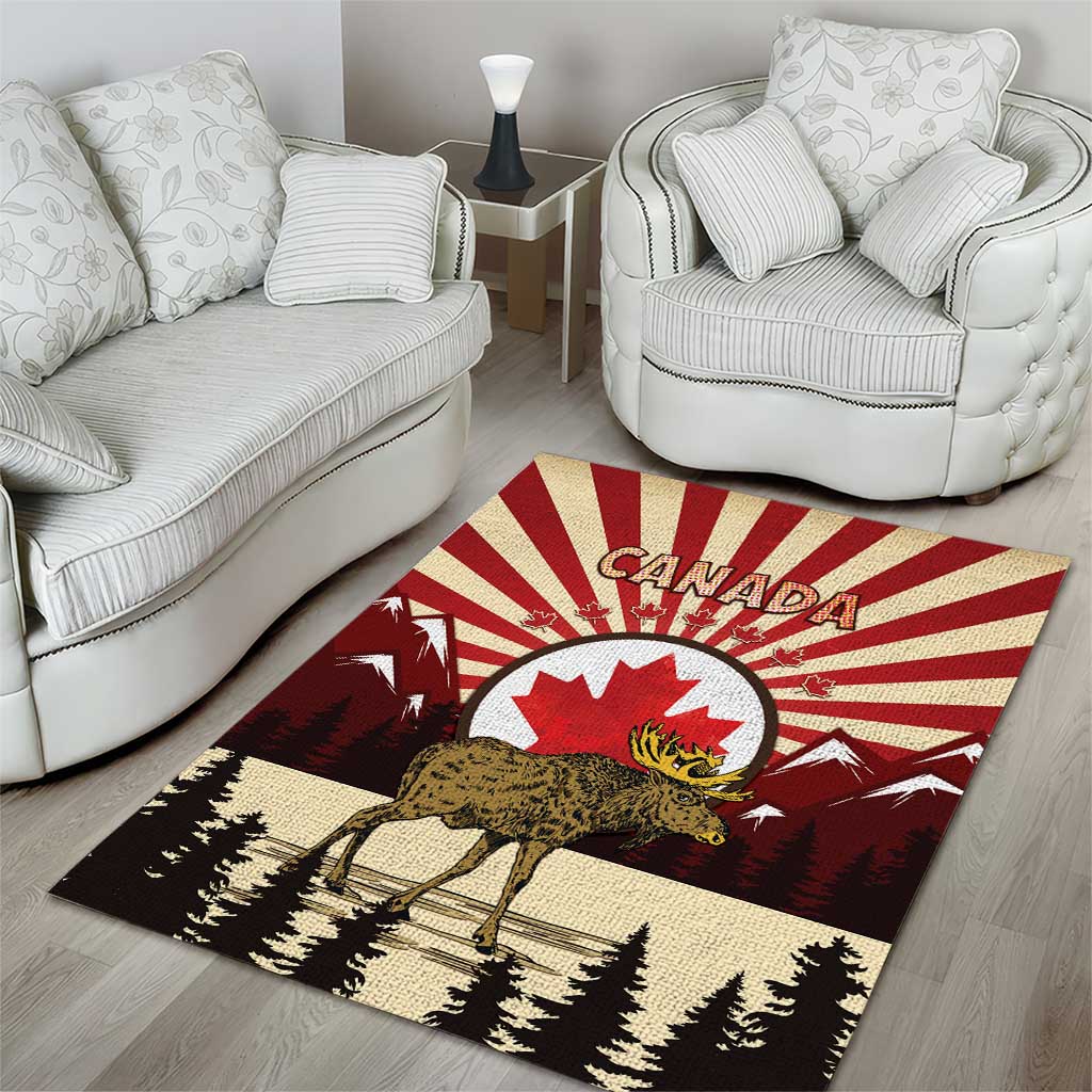 Personalized Canada Maple Leaf Area Rug Moose And Forest Retro Style