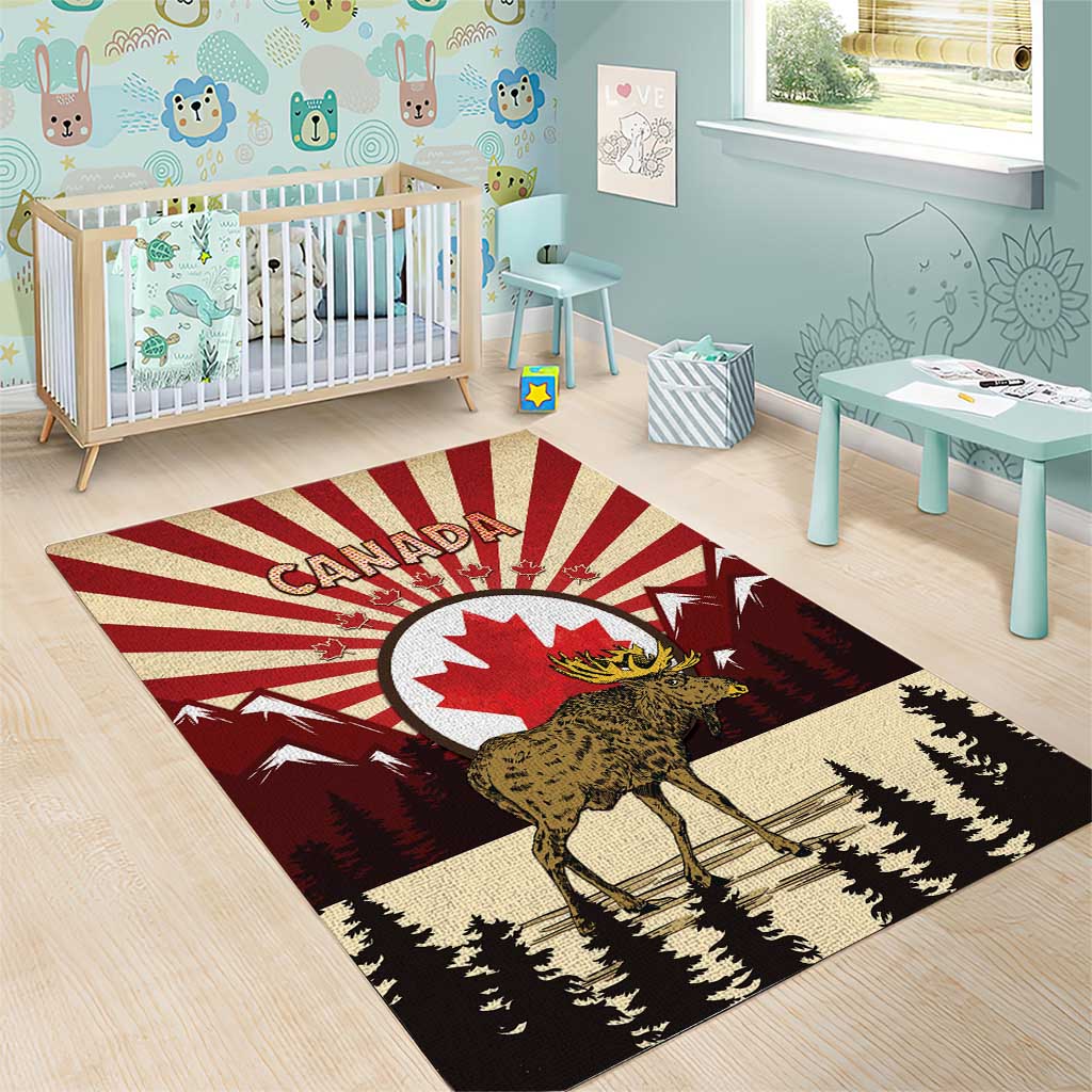 Personalized Canada Maple Leaf Area Rug Moose And Forest Retro Style
