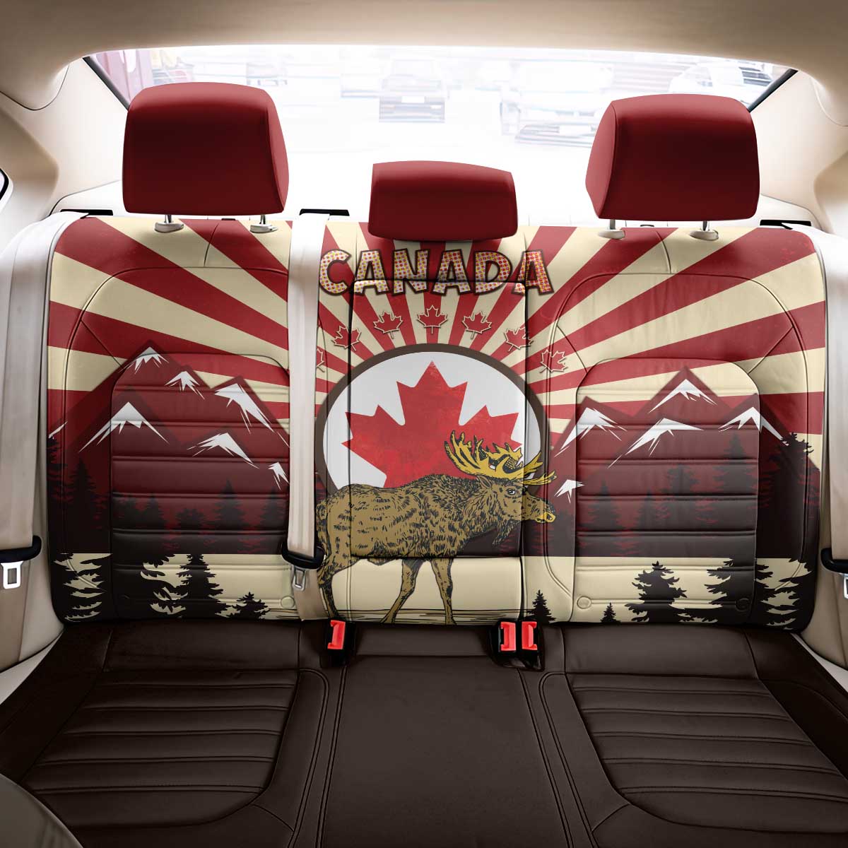 Personalized Canada Maple Leaf Back Car Seat Cover Moose And Forest Retro Style