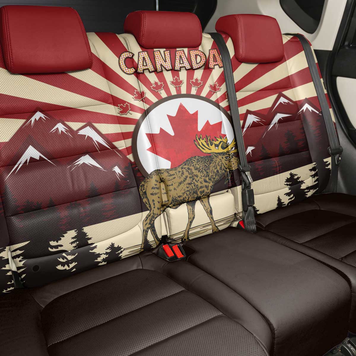 Personalized Canada Maple Leaf Back Car Seat Cover Moose And Forest Retro Style