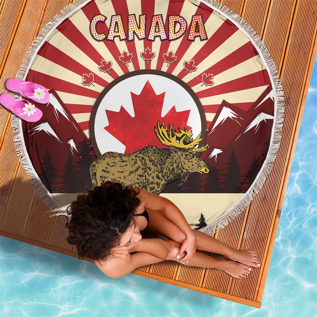 Personalized Canada Maple Leaf Beach Blanket Moose And Forest Retro Style