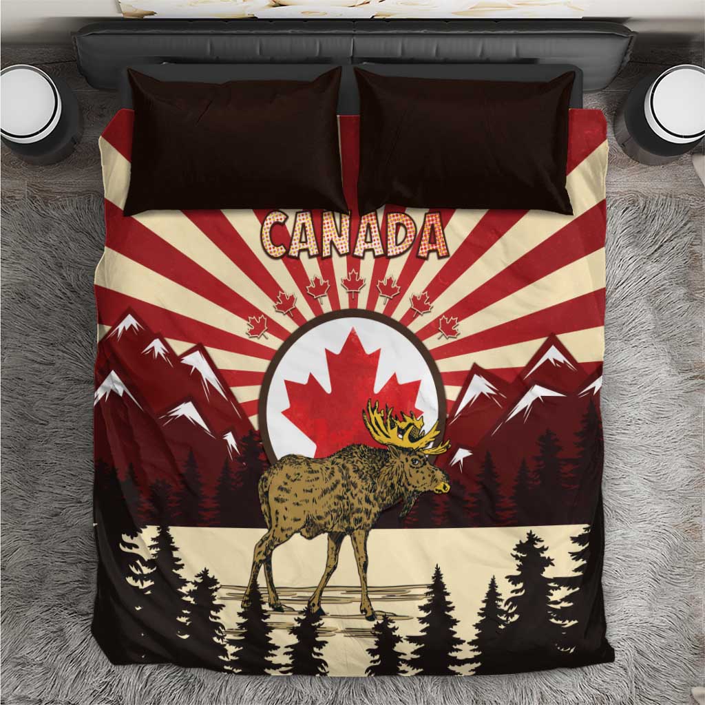 Personalized Canada Maple Leaf Bedding Set Moose And Forest Retro Style
